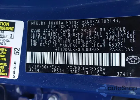 2025 Toyota Camry Se from USA, damaged, VIN 4T1DBADK9SU000972